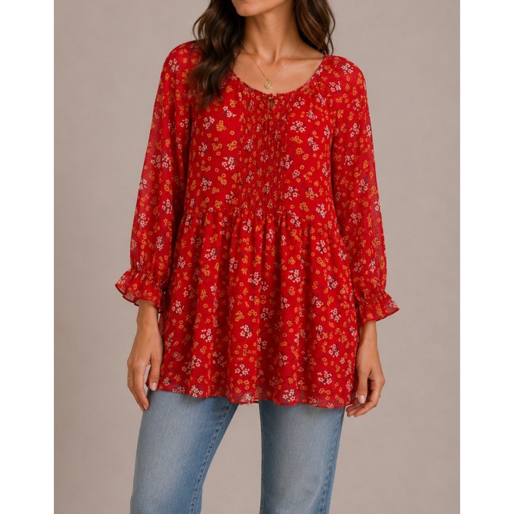 Free People Red Floral Smocked Babydoll Mini‎ Dress Tunic Size 2 Boho Ruffle